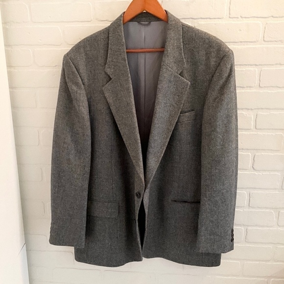 Vintage Blazer Men/Unisex Tweed Herringbone Plaid Wool Gray Teal Orange Sz 46R - Picture 2 of 11